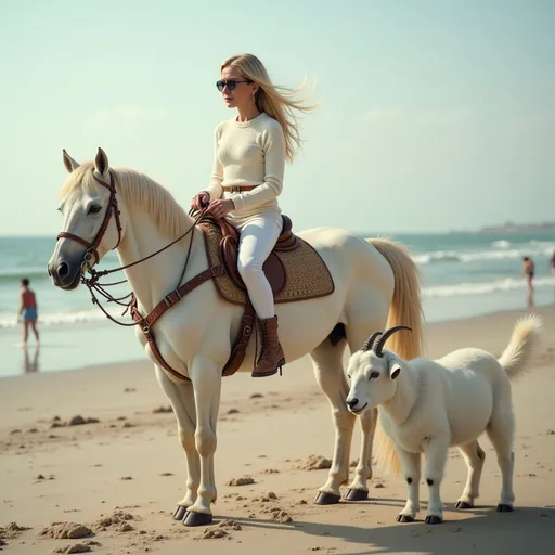 Prompt: @f5RBL1SWUqhDS8kasmWA Une jeune femme blonde à la poitrine menu, vêtue d'une jupe blanche, d'un legging blanc, d'un sweater blanc, et chaussée de bottines blanches, jouant de la trompette, chevauche un cheval blanc sur une plage. Une chèvre blanche regarde la jeune femme blonde jouer de la trompette. La chèvre blanche rit. Vibrant color scheme, intricate steampunk elements, soft lighting, captivating ambiance, ultra-detailed, high quality, fashion, artistic flair. Style photographique. Full length three-quarter view.