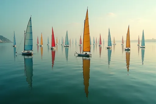 Prompt: @sOgZNUKmhQKEVR3C6PCK Baignée de teintes jaunes, bleues et rouges, cette scène paisible dévoile une série symétrique de mâts de voiliers s'élevant élégamment sur une surface d'eau verdâtresereine et transparente, reflétant parfaitement leurs formes, créant une fascinante illusion de profondeur. Des personnages colorés sont accrochés à ces mâts, parsemés à l'horizon, variant en hauteur et entrecoupés de fins cordages, tandis que quelques-uns arborent des touches colorées comme le rouge et le bleu, ajoutant une subtile vivacité à ce décor feutré. Le ciel, parsemé de délicats nuages, complète la quiétude ambiante de la lumière du petit matin ou de la fin d'après-midi. Cette composition sereine évoque le calme et l'introspection, invitant à la pause et à apprécier le silence de l'instant.