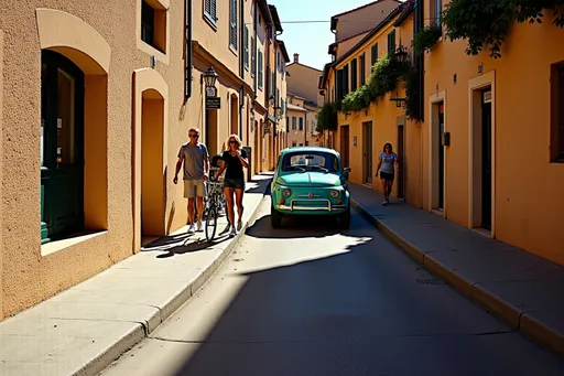 Prompt: @qy65xOtosuASPBZAQ831 Winding through a narrow, sunlit alley adorned with weathered stone walls, a vintage teal green car Fiat 500 quietly navigates the cobblestone path, its rounded shape evoking a sense of nostalgia. Shadows stretch across the pavement, enhancing the textures of the aged façades and creating a contrast between light and dark. Further down, a couple of figures lean against a bike, seemingly engaged in conversation, while hints of greenery peek from above, adding a touch of life to the rustic scene. The composition leads the eye deep into the alley, inviting viewers to follow the story unfolding in this quaint, European setting, steeped in charm and history. With a warm, nostalgic hue, the image captures a moment that feels both timeless and serene.