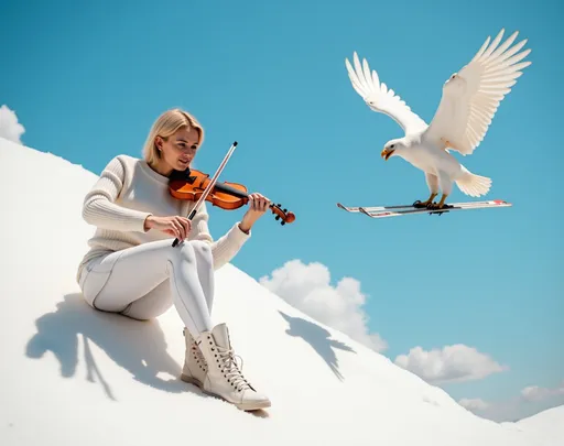 Prompt: @sOgZNUKmhQKEVR3C6PCK Une femme blonde au corps élancé et à la poitrine menue, vêtue d'une jupe blanche, d'un legging blanc, d'un sweater blanc, et chaussée de bottines blanches, jouant de la flûte, est assise sur nuage blanc dans le ciel azur. Un parachutiste vêtu de blanc et jouant du violon passe tout près de la femme blonde. 
Un aigle blanc chaussé de skis vole dans le ciel azur.
Vibrant color scheme, intricate steampunk elements, white lighting, captivating ambiance, ultra-detailed, high quality, fashion, artistic flair. Style photographique. Full length three-quarter view.