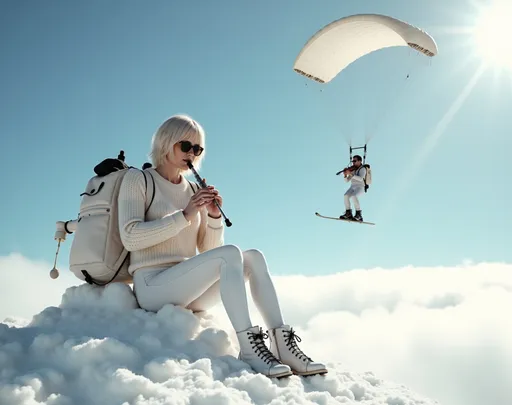 Prompt: @sOgZNUKmhQKEVR3C6PCK Une femme blonde au corps élancé et à la poitrine menue, vêtue d'une jupe blanche, d'un legging blanc, d'un sweater blanc, et chaussée de bottines blanches, jouant de la flûte, est assise sur nuage blanc dans le ciel azur. Un parachutiste vêtu de blanc et jouant du violon passe tout près de la femme blonde. 
Un aigle blanc chaussé de skis vole dans le ciel azur.
Vibrant color scheme, intricate steampunk elements, white lighting, captivating ambiance, ultra-detailed, high quality, fashion, artistic flair. Style photographique. Full length three-quarter view.