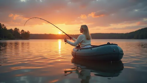 Prompt: @f5RBL1SWUqhDS8kasmWA Alors que le soleil disparaît à l'horizon, projetant une lueur dorée sur l'eau paisible, une femme blonde se tient dans un petit canot pneumatique, absorbée. Vêtue d'un sweater blanc, d'une jupe blanche et de bottes blanches, elle serre une canne à pêche avec détermination, se découpant sur le ciel vibrant strié de nuances d'orange, de rose et de bleu profond. La surface du lac reflète ces couleurs époustouflantes, tandis que de douces ondulations laissent entrevoir la brise du soir. Au loin, une rangée d'arbres vert foncé brise le paysage plat, complétant ce tableau serein de solitude et de connexion avec la nature, évoquant une atmosphère paisible de loisirs et d'anticipation. Full length three-quarter view.