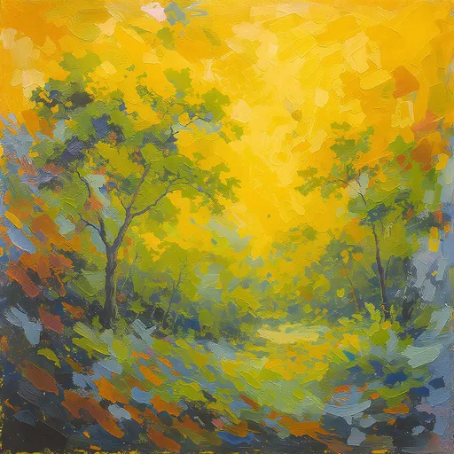 Prompt: A vibrant tapestry of colors unfolds, with a striking yellow background pulsating with hues of green and blue, suggesting a dynamic interplay of light and nature. Abstract tree silhouettes emerge from the colorful chaos, their branches reaching upward, dappled with shades that evoke a sense of both energy and tranquility. Subtle hints of orange peep through the foliage, adding warmth to the composition. The overall effect is one of impressionistic charm, inviting the viewer to lose themselves in a dreamlike landscape that feels both lively and serene. This artistic piece captures the essence of a forest scene intensified by bold strokes of color, creating a vivid emotional resonance.