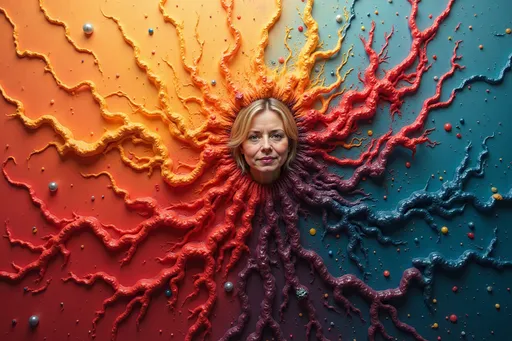 Prompt: A vibrant explosion of colors dominates the canvas, where rich hues of orange, red, and yellow intermingle with cool blues and purples, creating a dynamic and textured spectacle. The surface exhibits a tactile quality, with layered paint and varying techniques that evoke a sense of depth and movement. Light bounces off the glossy areas, enhancing the interplay between light and shadow, while the abstract composition invites viewers to explore their own interpretations. This piece radiates energy and chaos, suggesting an emotional landscape full of passion and spontaneity. The signature at the bottom left adds a personal touch, grounding the chaotic beauty in the artist's unique vision. @MD11PzQyxLjSl87tc0Xs