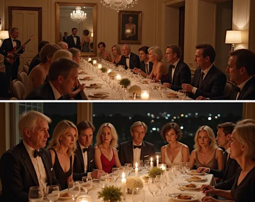 Prompt: Elegant guests fill a grand dining room, seated around a lavishly set table adorned with glasses and candles, while a band plays in the background. The atmosphere is lively, as animated conversations and laughter ripple through the air, reflecting a mix of intrigue and lightheartedness among the guests, who are dressed in formal attire. The character expressions range from amused to inquisitive, hinting at the banter that accompanies their lavish feast. Transitioning from the dining scene, the focus shifts to an outdoor terrace under a starlit sky, where well-dressed individuals mingle and sip coffee amid soft lighting and city views, suggesting a sophisticated evening filled with social interactions. The overall style combines rich, warm tones and shadows, enhancing the intimate yet vibrant mood of the gathering. @v72c2Penucf70pkPY5GZ