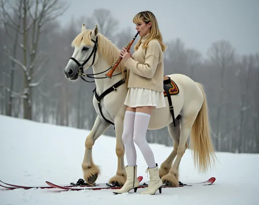 Prompt: @pYNRkz9dZxDqXA3wZvYN Une jeune femme blonde au corps élancé et à la poitrine menu, vêtue d'une jupe blanche, d'un legging blanc, d'un sweater blanc, et chaussée de bottines blanches, jouant de la flûte, chevauche un cheval blanc chaussé de skis, sur une piste de ski enneigée. 
Vibrant color scheme, intricate steampunk elements, soft lighting, captivating ambiance, ultra-detailed, high quality, fashion, artistic flair.
Style photographique. Full length three-quarter view.