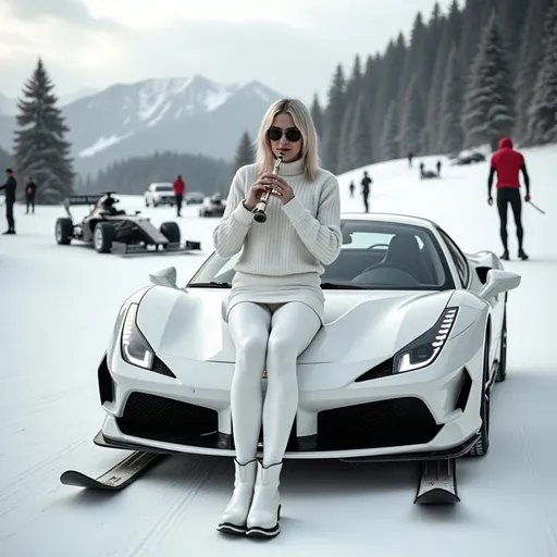 Prompt: @sOgZNUKmhQKEVR3C6PCK Une femme blonde au corps élancé et à la poitrine menue, vêtue d'une jupe blanche, d'un legging blanc, d'un sweater blanc, et chaussée de bottines blanches, jouant de la flûte, est assise sur le capot d'une Ferrari de formule 1 blanche chaussée de skis, sur une piste de ski enneigée. Vibrant color scheme, intricate steampunk elements, white lighting, captivating ambiance, ultra-detailed, high quality, fashion, artistic flair. Style photographique. Full length three-quarter view.