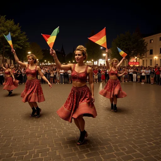 Prompt: @pYNRkz9dZxDqXA3wZvYN The image shows a group of people performing a dance in a square at night. The square is made of cobblestones and is surrounded by trees and buildings. In the background, there is a crowd of people watching the performance. The dancers are wearing traditional costumes and are holding colorful flags in their hands. The flags are in the shape of kites and are flying in the air. The sky is dark and the overall atmosphere is festive and lively.