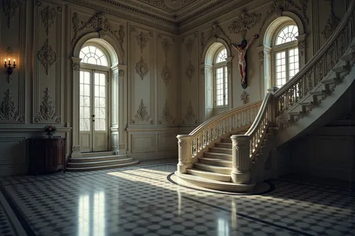Prompt: @ECqXdOynvIMPB2kSaZxH Un grand escalier au design complexe s'élève en spirale, enveloppé d'une palette monochrome saisissante de noir, de blanc et de nuances de gris, reflétée par les motifs ornementaux qui dansent sur les murs et le plafond de ce magnifique hall. L'architecture se caractérise par des arches et des colonnes majestueuses, toutes minutieusement détaillées avec des motifs tourbillonnants créant un effet fascinant. De grandes fenêtres cintrées laissent filtrer une chaude lumière dorée, projetant des ombres complexes et mettant en valeur la crucifixion d'une jeune femme blonde au corps mince et à la poitrine menue, ne portant aucun vêtement. Cette crucifixion se dressant sur le carrelage brillant, alternant avec des carreaux audacieux. L'atmosphère est à la fois théâtrale et chaleureuse, évoquant une sensation d'élégance et de sophistication, tandis que le jeu complexe de lignes et de formes lui confère un caractère surréaliste, presque onirique.