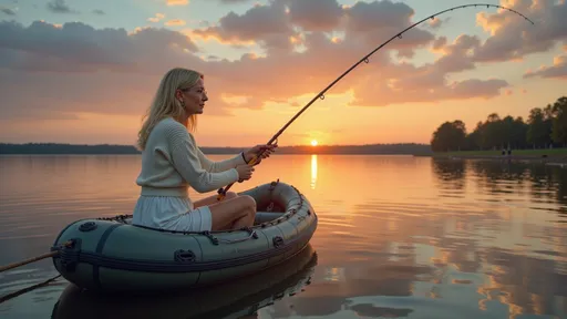 Prompt: @f5RBL1SWUqhDS8kasmWA Alors que le soleil disparaît à l'horizon, projetant une lueur dorée sur l'eau paisible, une femme blonde se tient dans un petit canot pneumatique, absorbée. Vêtue d'un sweater blanc, d'une jupe blanche et de bottes blanches, elle serre une canne à pêche avec détermination, se découpant sur le ciel vibrant strié de nuances d'orange, de rose et de bleu profond. La surface du lac reflète ces couleurs époustouflantes, tandis que de douces ondulations laissent entrevoir la brise du soir. Au loin, une rangée d'arbres vert foncé brise le paysage plat, complétant ce tableau serein de solitude et de connexion avec la nature, évoquant une atmosphère paisible de loisirs et d'anticipation. Full length three-quarter view.