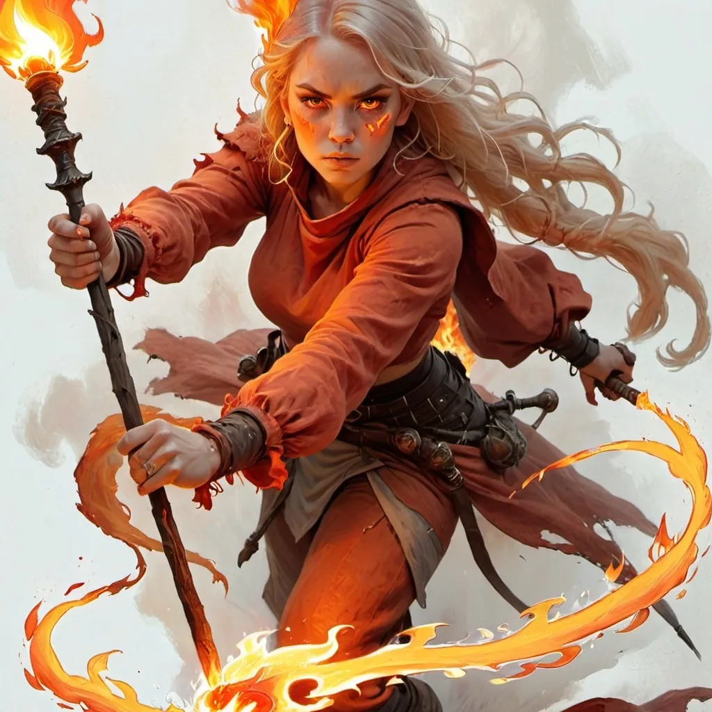 Prompt: a woman with a sword and a flame in her hand, holding a flame stick and a flame in her hand, Ada Hill Walker, fantasy art, cushart krenz, concept art