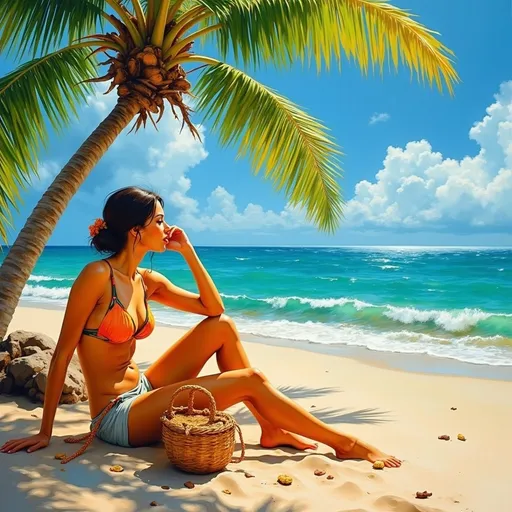 Prompt: (figurative art) oil painting, a beautiful woman gracefully sitting on a sandy beach, beside a woven banana basket, lush palm tree swaying gently, brilliant blue sky overhead, soothing ocean waves in the background, warm sunlight casting soft shadows, vibrant colors with a sense of tranquility, ultra-detailed, fine art masterpiece by Art Brenner.