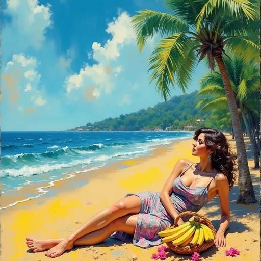 Prompt: (artistic masterpiece) oil painting of a woman sitting on a serene beach, (elegantly posed) next to a vibrant banana basket, alongside a lush palm tree, tranquil blue sky contrasting with the warm sand, soft waves in the distance, an inviting ambiance, (figurative art), rich colors, intricate brushwork, high-quality detail, evocative, dreamy atmosphere.