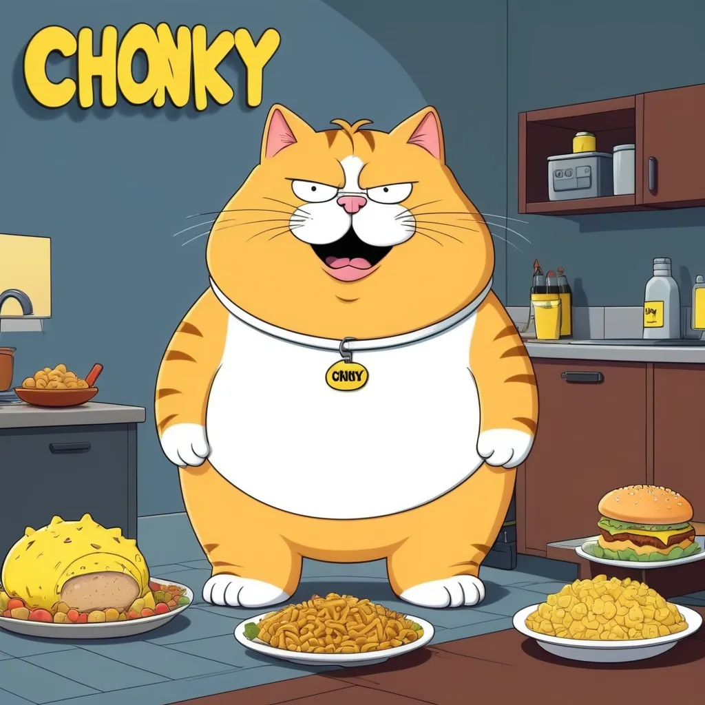 Prompt: A family guy type of art style of a fat cat Called CHONKY. He needs to be happy. Add the word Chonky in bold under him in yellow. Also put some food around him in the background