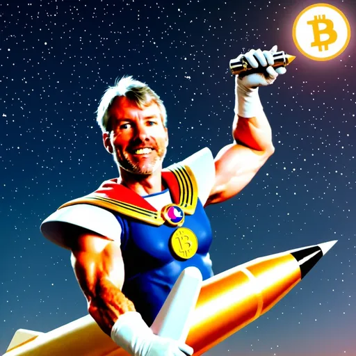 Prompt: Michael Saylor as Sailor Moon holding a bitcoin, riding a rocket. moon in the background.