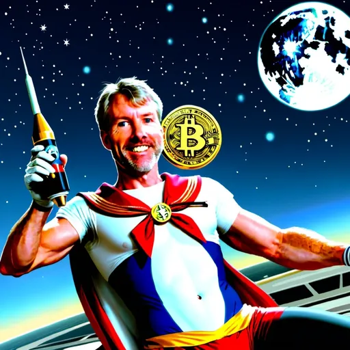 Prompt: Michael Saylor as Sailor Moon holding a bitcoin, riding a rocket. moon in the background.