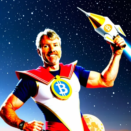 Prompt: Michael Saylor as Sailor Moon holding a bitcoin, riding a rocket. moon in the background.