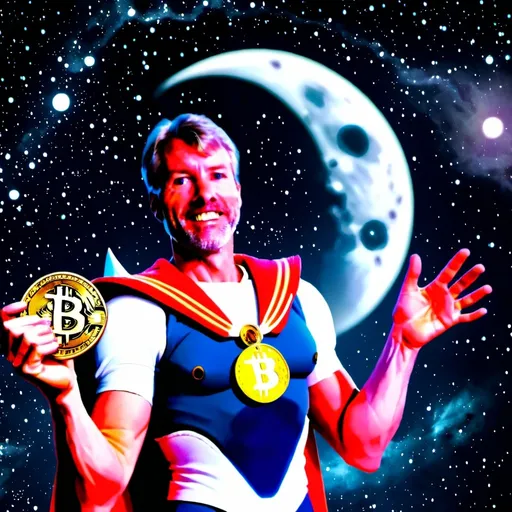 Prompt: Michael Saylor as Sailor Moon holding a bitcoin, flying in space. large crescent moon in the background.