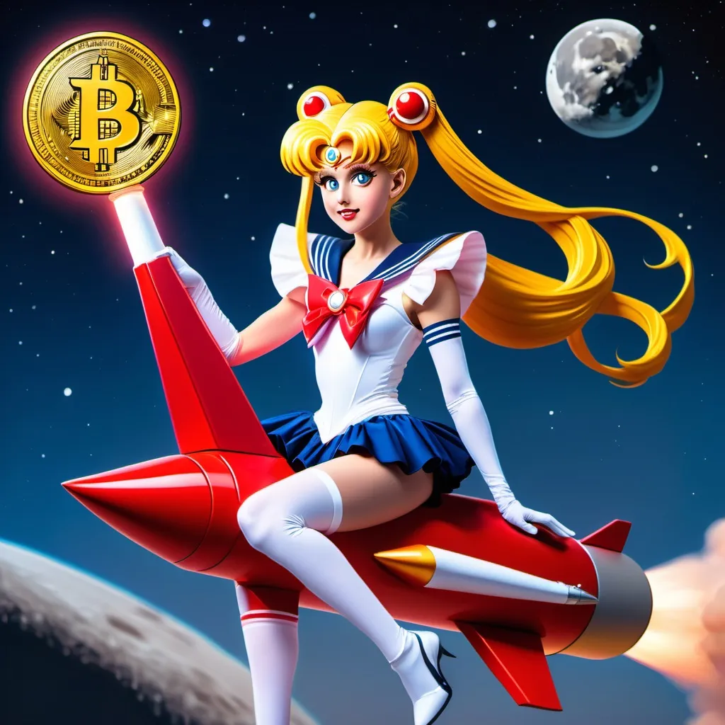 Prompt: Michael Saylor as Sailor Moon, riding a rocket, holding a bitcoin. Moon in the background.