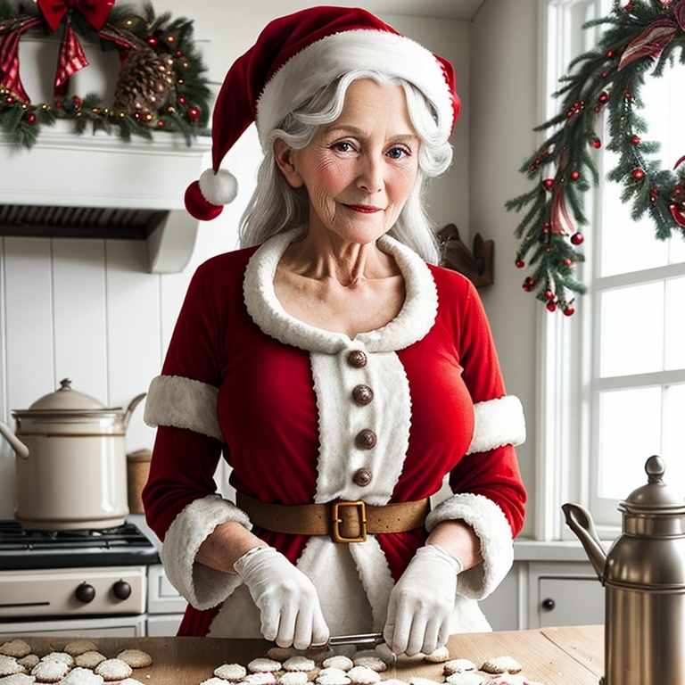 Prompt: Beautiful old Mrs Claus preparing cookies in a decorated christmas farmhouse kitchen