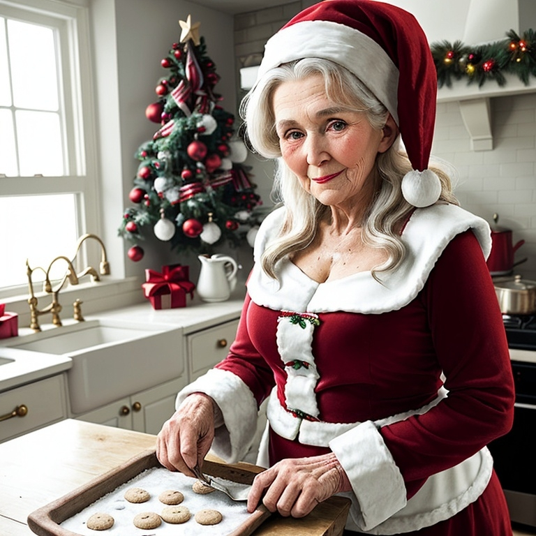 Prompt: Beautiful old Mrs Claus preparing cookies in a decorated christmas farmhouse kitchen