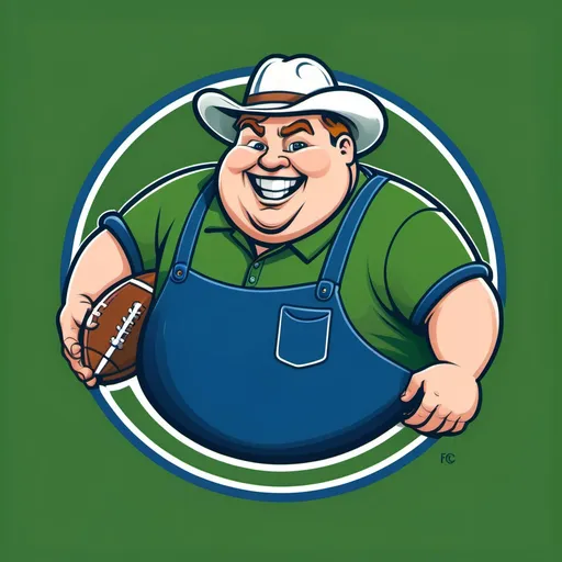 Prompt: A sports logo featuring a fat cartoon farmer throwing a football wearing blue and green 