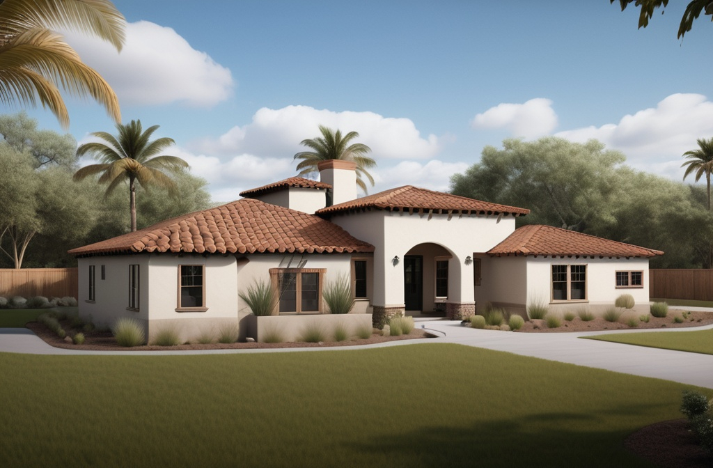 Prompt: single family one story home with a modern hacienda style with a courtyard and covered wraparound porch, a digital rendering