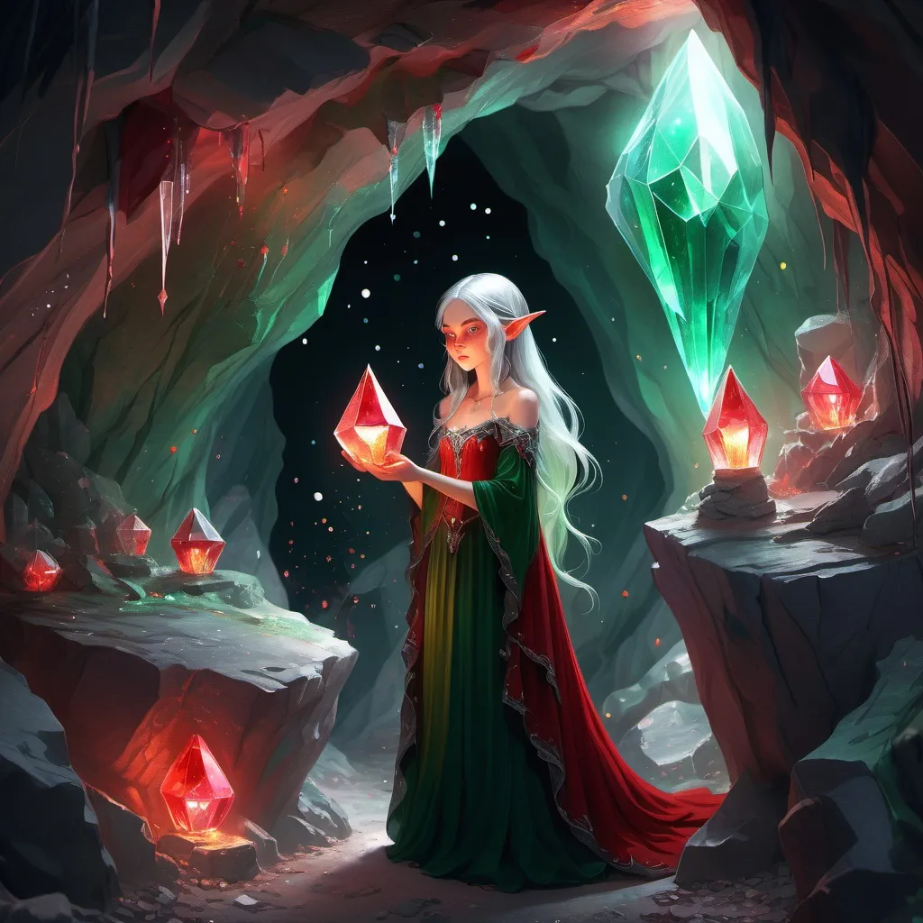 Prompt:  a mountain cave with red color Cristals and green color crystal growing in the wall,  a elf girl with black rich embroidery dress and silver hair with a big opalescent crystal in her hand and in the other hand a lamp, there are magic all over the cave with tiny lights