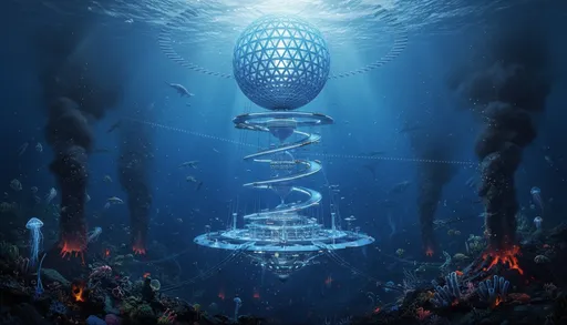 Prompt: The Ocean Spiral underwater city in the Philippine Sea (near Okinawa Trough). Large dome at the top which is underwater. There is no center rod down the middle of the spiral. There are six coils in the spiral which stretch 4000 meters deep into the ocean. The base is slightly wider than the dome and hovers above the sea floor. Sea floor teaming with life and black smoker hydrothermal vents.