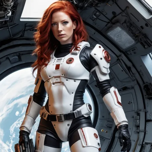 Prompt: Order sci-fi Amazon: Made Not Begotten (#1 How Women Took Over The World). fully clothed. red hair. beautiful. 25 years old. searches for men to kill. full body. Clothed in space gear and guns in hand. view from front.