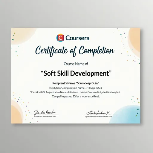 Prompt: make me a certificate of "soft skill development" course completion in english
Title: "Certificate of Completion"
Course Name: "Soft Skill Development"
Recipient's Name: Sourodeep Guin
Date of Completion: 11 Sep 2024
Institution/Organization Name: Coursera
Description: The bearer of this certificate has passed the Coursera skill certification test
Signature: Harishankaran K