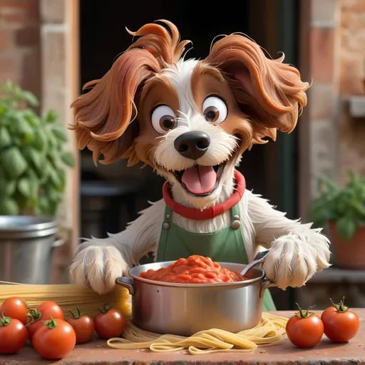 Prompt: Please create a children’s book main character of a cute Italian hound dog who is making marinara sauce with his dog nonna. He is brown with scruffy hair and big paws his hair is wirey. He is smiling. They’re making the pasta sauce outside in Tuscany. Chopping tomatoes. 