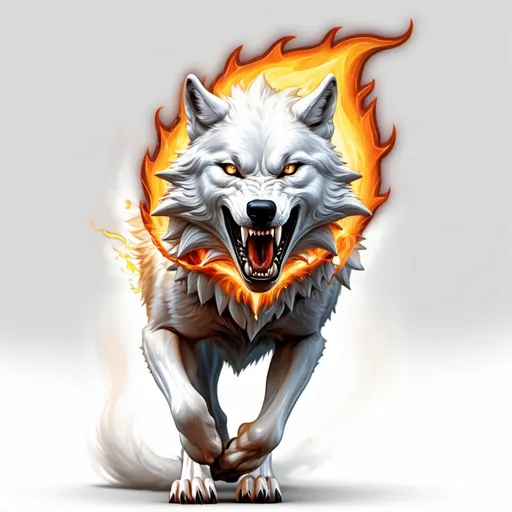 Prompt: a wolf with full body in attacking mouth position and flame around its neck is shown a white background, Anne Stokes, les nabis, highly detailed digital painting, a 3D render, 