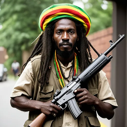 Prompt: Black Rastafarian man with a aka 47 rifle 

