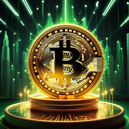 Prompt: Una imagen vibrante y futurista que represente el renacer de Bitcoin. En el centro, un gran logotipo de Bitcoin (el símbolo en color dorado) brillando intensamente. Al fondo, gráficos de velas verdes ascendiendo, simbolizando un mercado alcista. La escena está rodeada de luces brillantes, destellos y efectos visuales que dan sensación de crecimiento y potencial. Una atmósfera moderna y dinámica con tonos metálicos y digitales, dando la sensación de una revolución financiera en marcha. En la parte inferior, un mensaje llamativo en letras grandes que diga '¡Nuevo mercado alcista de Bitcoin! Únete ahora a la revolución