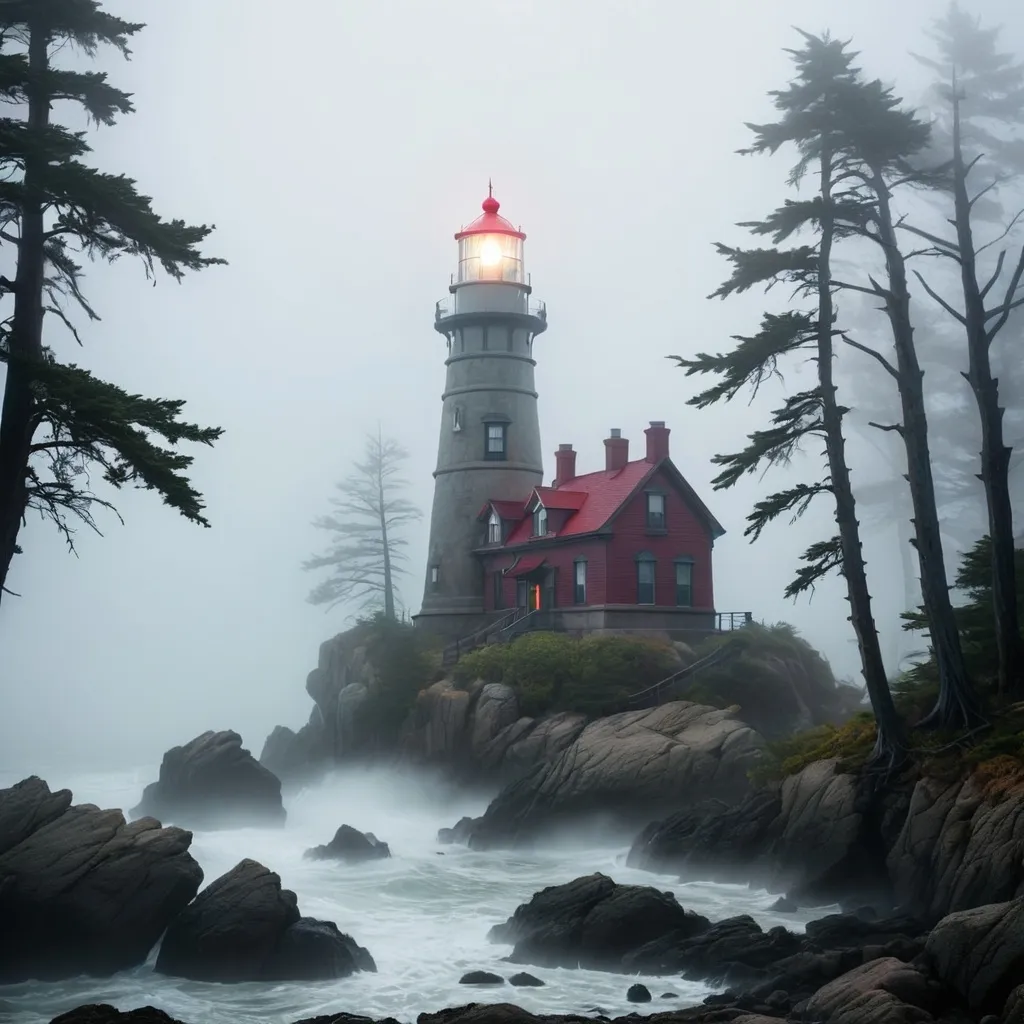 Prompt: An eerie lighthouse surrounded by trees and rocks, fog, horror,