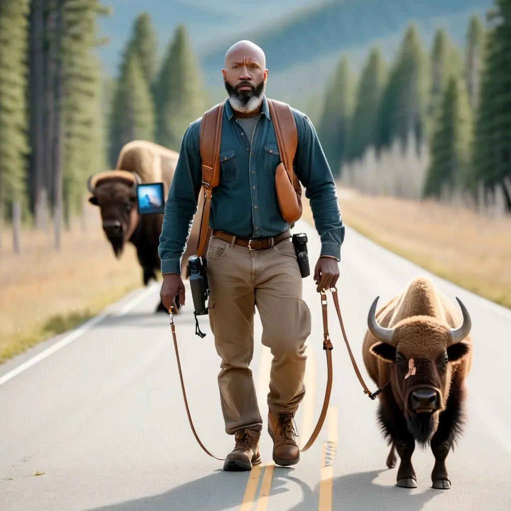 Prompt: bald black man with beard walking down a road with a camera getting pulled by a bison on a leash