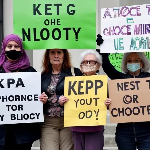 Prompt: a group of women of different age groups in different outfits protesting for bodily autnomy with signs saying keep your policies off my body and my body my choice