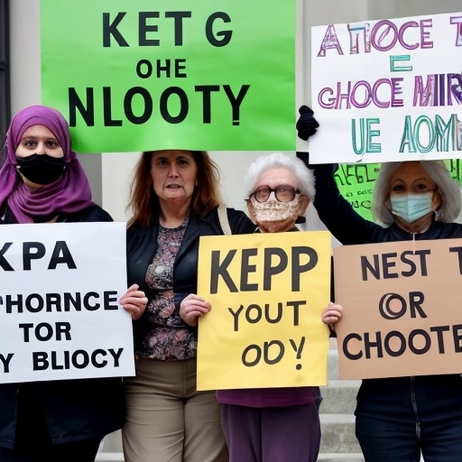 Prompt: a group of women of different age groups in different outfits protesting for bodily autnomy with signs saying keep your policies off my body and my body my choice