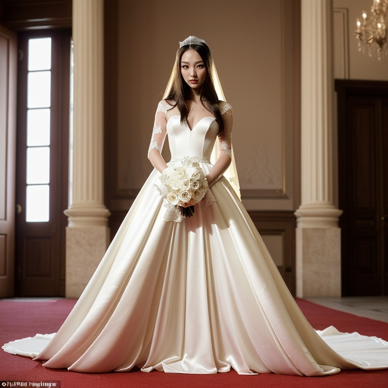 Prompt: ผู้หญิงสวยน่ารัก อายุ 21 ปี 
เธอเป็นซักคิวบัสที่รักมนุษย์ หลังจากถูกผสมพันธุ์เธอติดใจรสชาติน้ำเชื้อ เธอจึงแต่งงานกับมนุษย์
เธอใส่ชุดแต่งงานราชวงศ์กระโปรงยาวถึงเท้า และใส่ถุงมือกับถุงน่องสีขาว ถือช่อดอกไม้
เสื้อผ้าสีโทนน้ำตาลอ่อน
 เธอยืนเรียบร้อย เป็นเจ้าสาวในงานแต่งงาน
ผิวนางแบบขาวเนียน และเป็นชาวมาเลเซียเกาหลี
เส้นผมยาวตรงเรียบไม่ฟู เส้นผมเงางามและนุ่มลื่น และสะอาดเรียบตรงยาว และใช้ที่หนีบผม
ตามองกล้อง ตาคม
หน้าเด่น แต่งหน้า
ภาพเต็มตัวสมจริง