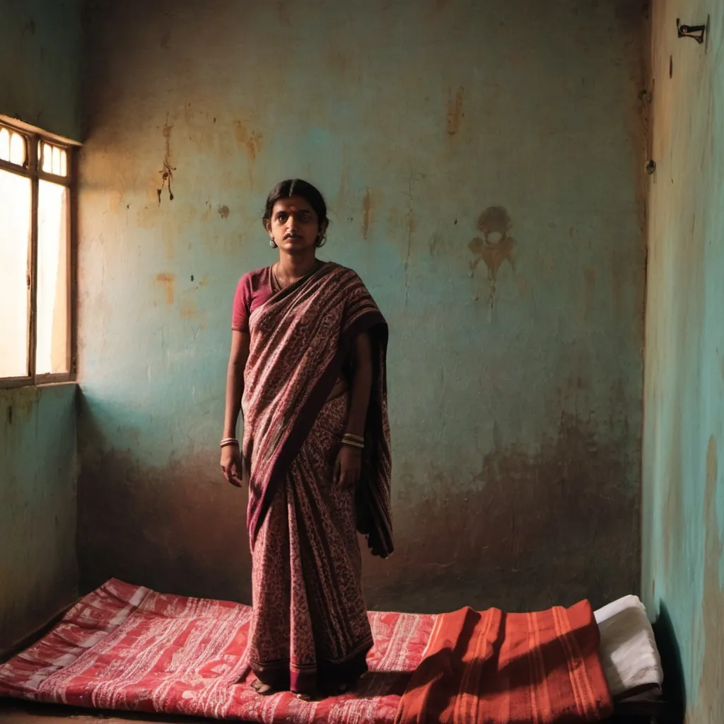 Prompt: a woman standing in a room with a bed and a blanket on the floor and a wall behind her, Bholekar Srihari, samikshavad, f / 3 2, a picture