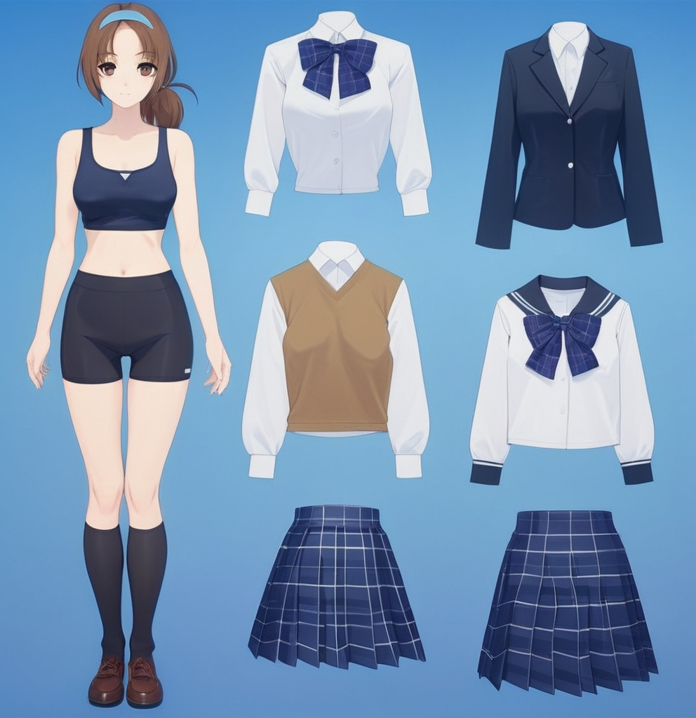 Prompt: Paper doll anime school girl Paper doll in black spandex bike shorts and school uniform 