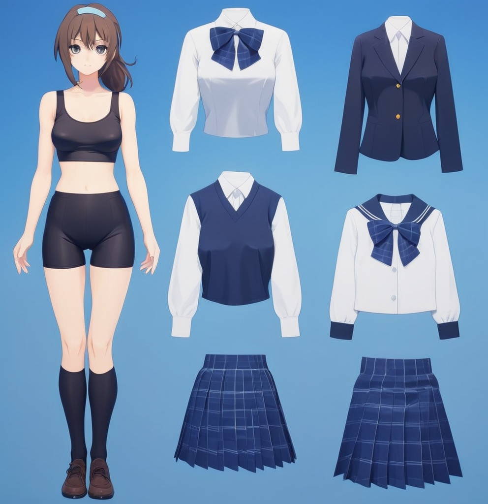 Prompt: Paper doll anime school girl Paper doll in black spandex bike shorts and school uniform 