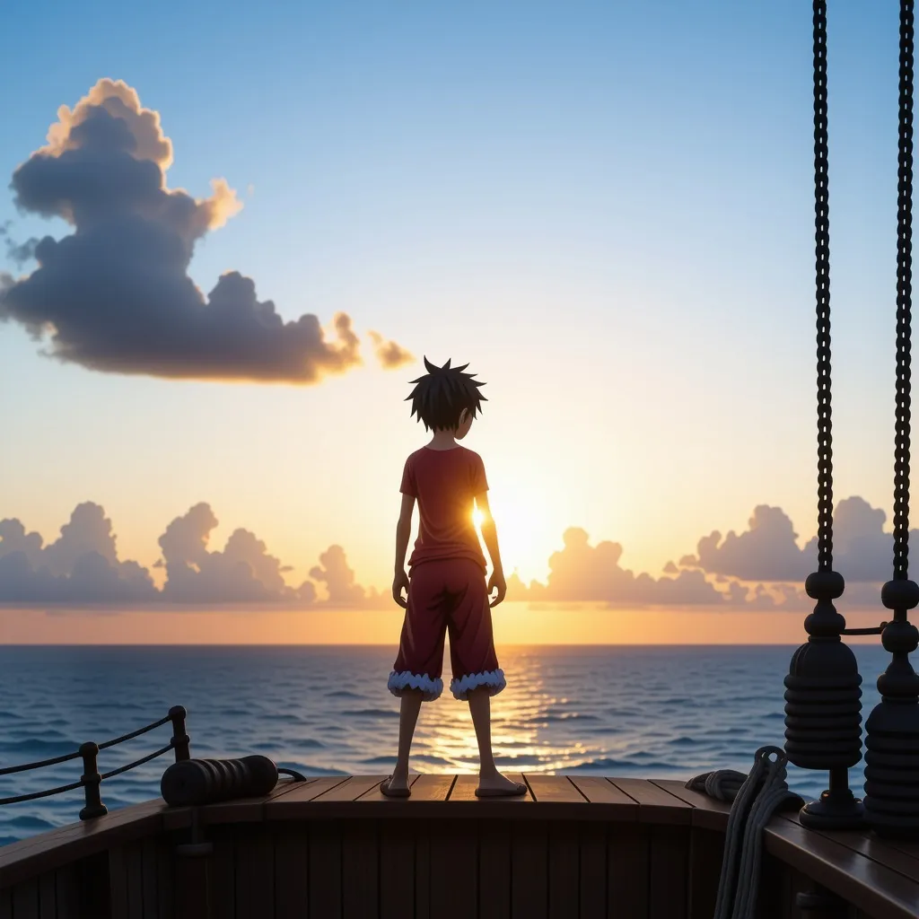 Prompt: Luffy standing on his ship looking at the sunset