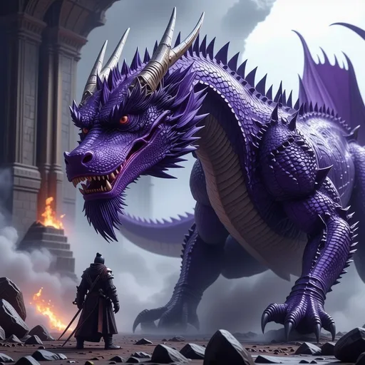 Prompt: A fierce purple dragon fighting the human adversary 
