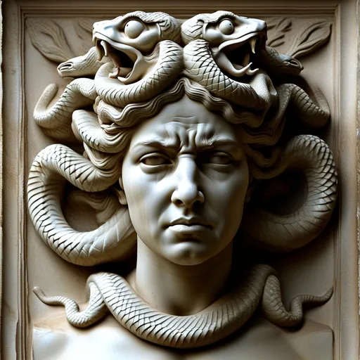 Prompt: greek style relief featuring very beautiful angry woman .she has no hair. she has snakes extending in every directioin from her head.  