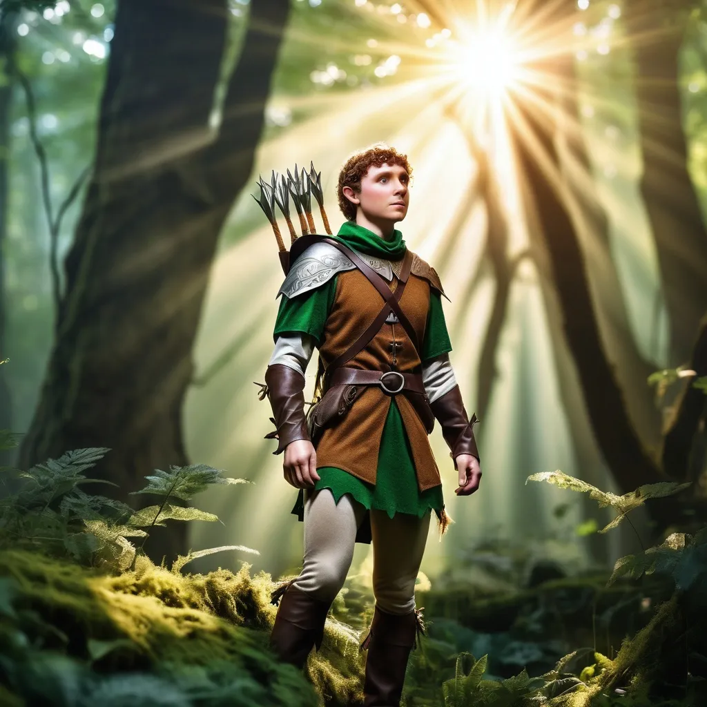 Prompt: Elf ranger in a mystical forest around sunlight. all is well