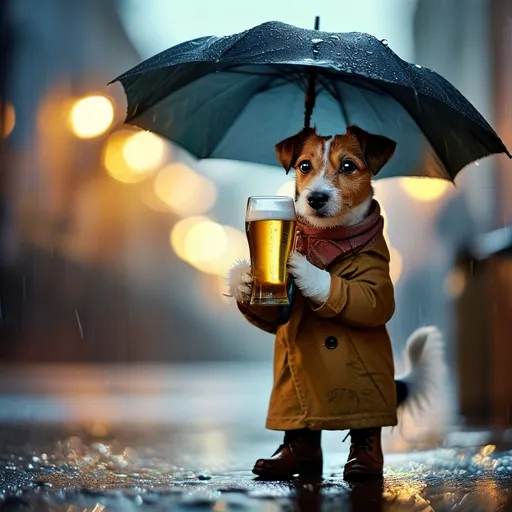 Prompt: Jack Russel in the boots standing in the rain wearing a coat and a hat holding umbrella in one paw and a glass of beer in another paw