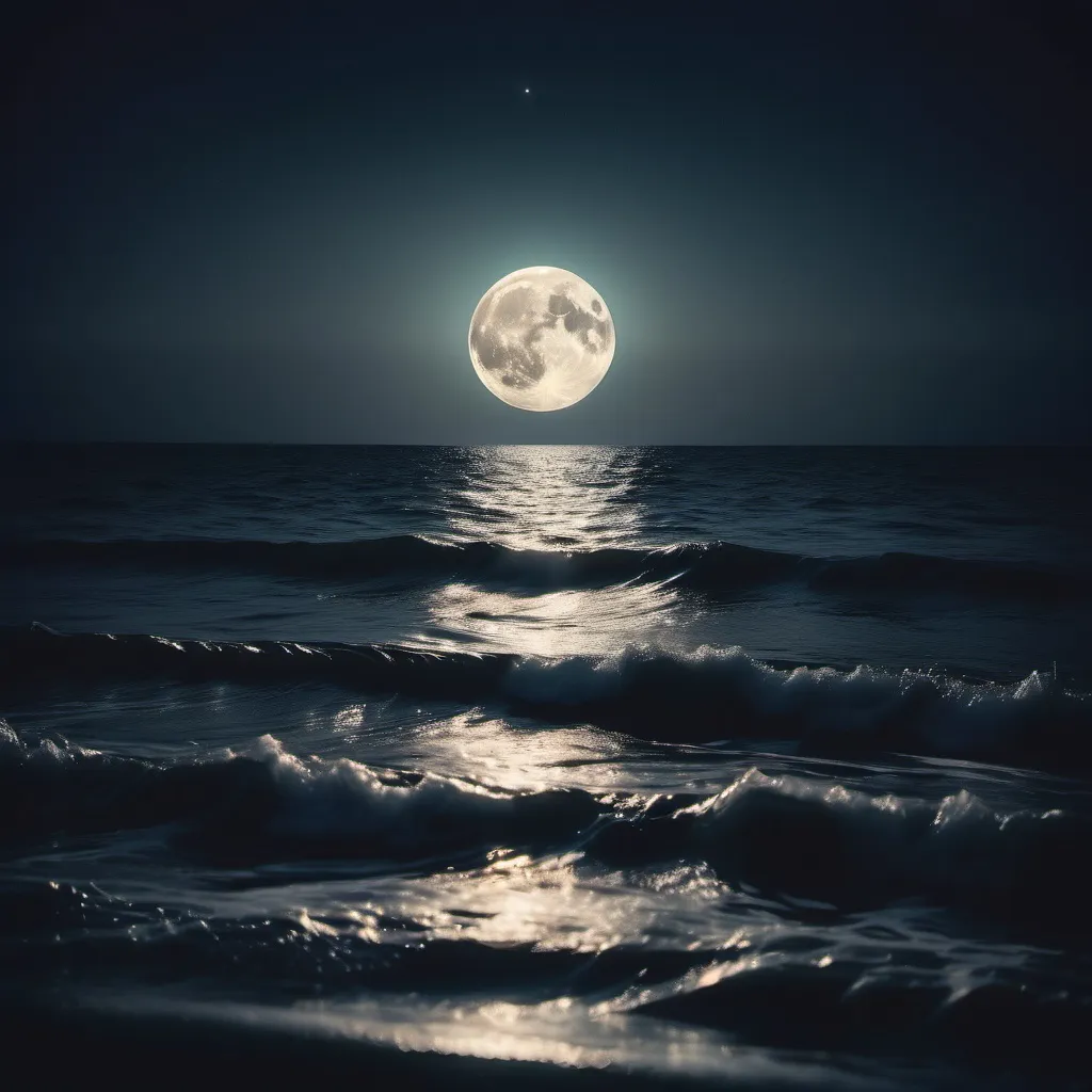 Prompt: fotografía en los años 80s: noche en el mar, reflejo de la luna sobre el agua, brillo en agua, olas salvajes, elegancia. 