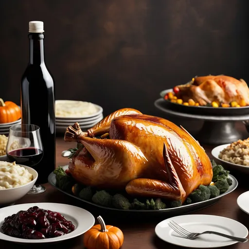 Prompt: create an image of a large thanksgiving dinner with a black bottle of cooking oil (unlabeled, no logo)